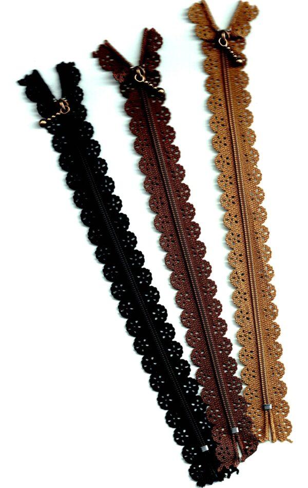 Fermeture éclair dentelle décorative 22cm noir, marron, camel, non séparable 4mm fermeture à glissière