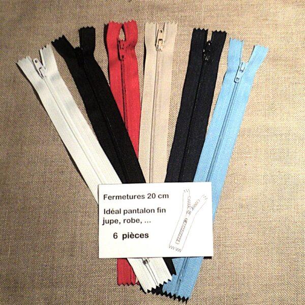 Fermetures 20cm 6 pièces pochette blanc,marine,noir,rouge,beige et bleu idéal pantalon fin, jupe, robe, trousse