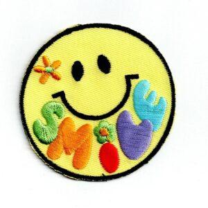 Écusson à coudre Smiley jaune flower power style 6.5 cm rond