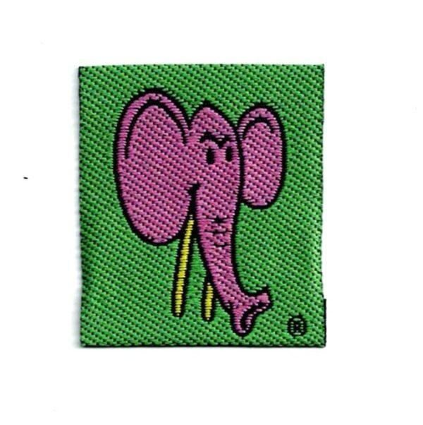 Écusson à coudre tête d'éléphant rose 3.3x4.0cm fond vert avec rose