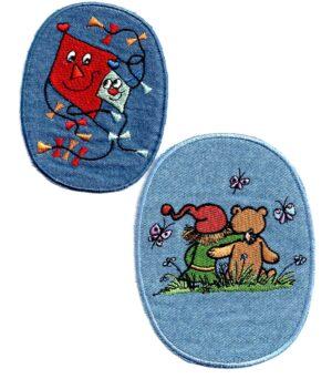 Écusson Thermocollant coudes set 2 pièces jeans cerf-volant et ours 5.5 x 9.5cm et 9.5 x 12 cm