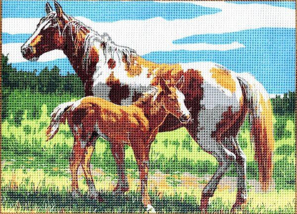 Kit canevas 24x34cm, Le cheval avec son poulain demi point croix