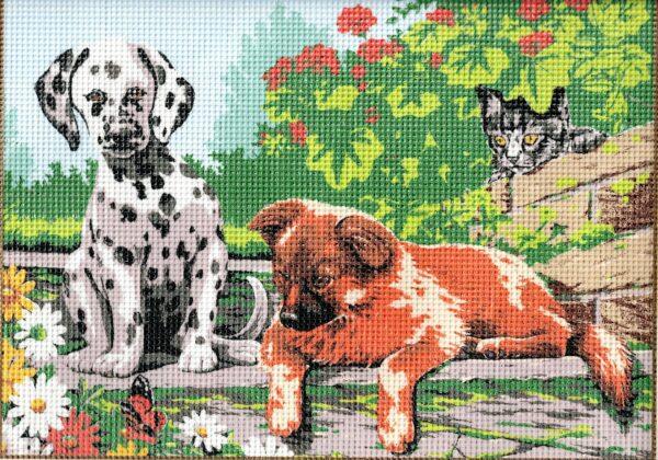 Kit canevas 24x34cm Les chiens (dalmatien) et le chat demi point croix